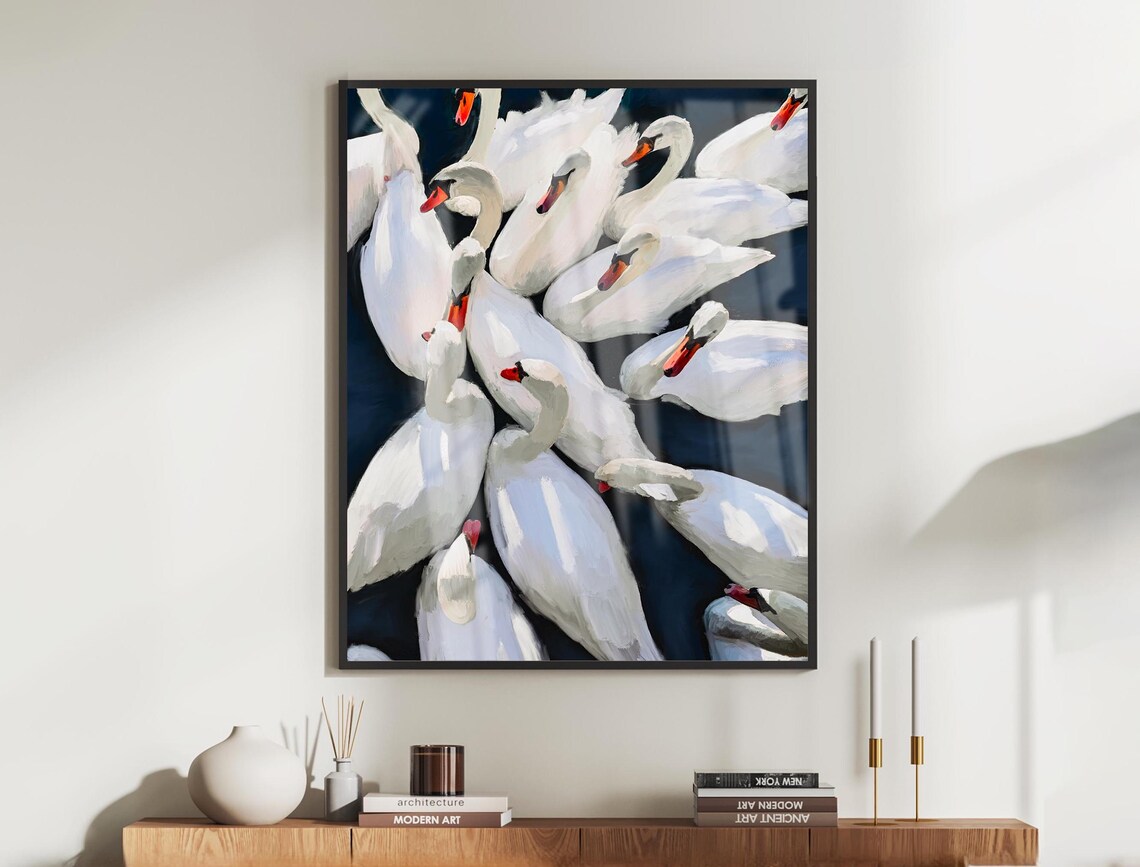 Elegant Swan Art Print, Handillustrated Oil Painting