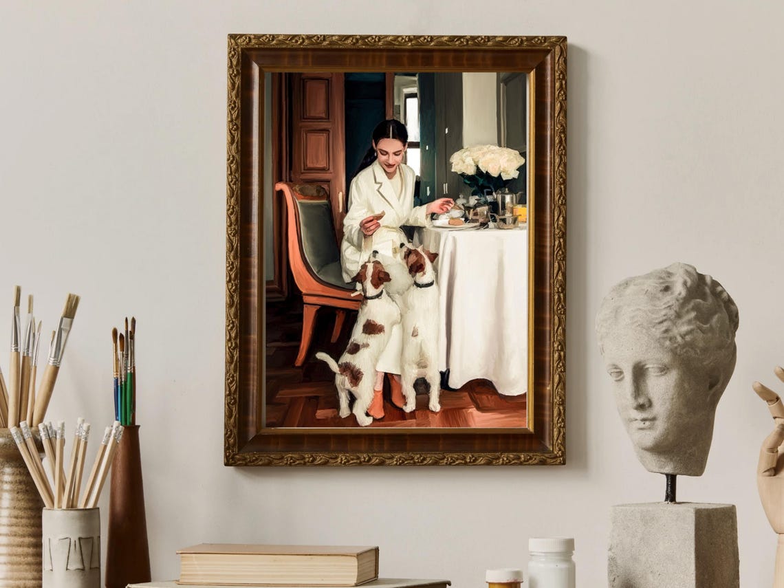 Woman with Two Jack Russell Terriers Tea Table Vintage Style Poster