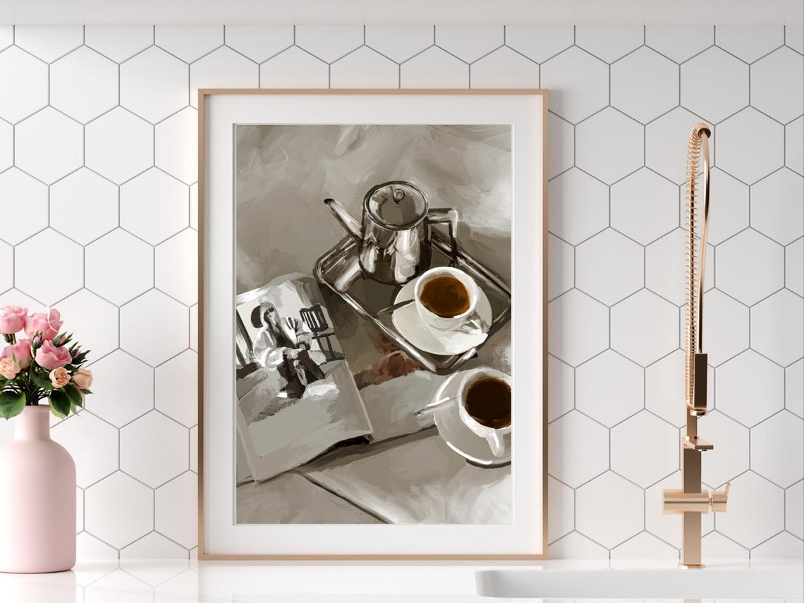 Coffee In Bed Monochrome Painting Print Cozy Hotel Morning Art