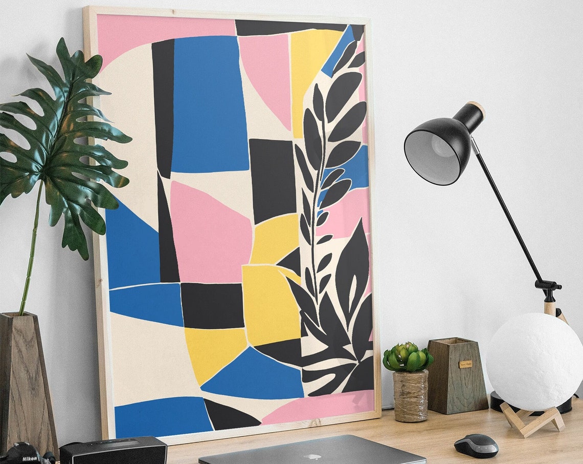 Contemporary Geometric Blocks Pink Blue Abstract Botanical Poster