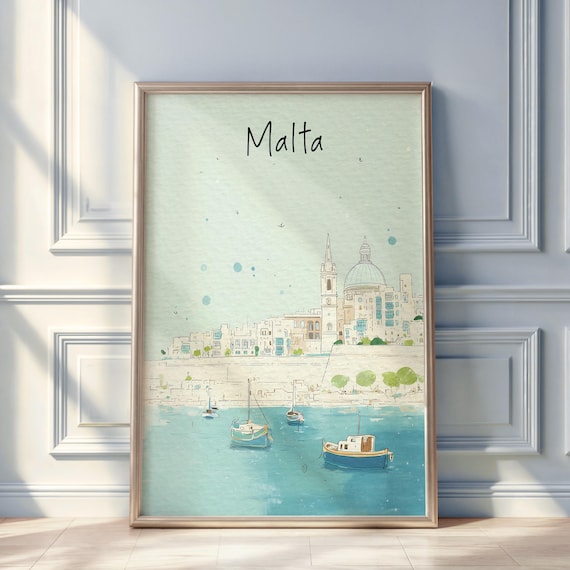 Malta Watercolor Travel Poster, Minimal City Illustration