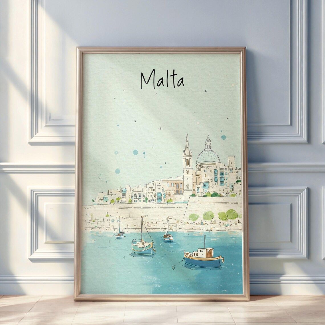 Malta Watercolor Travel Poster, Minimal City Illustration