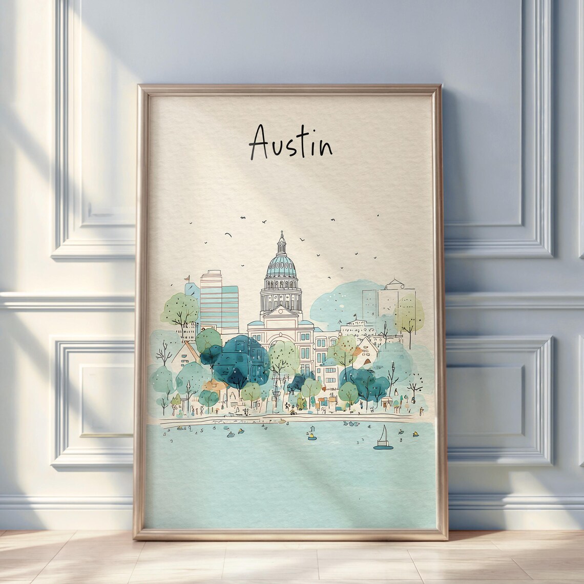 Austin Texas Watercolor Travel Poster, City Print