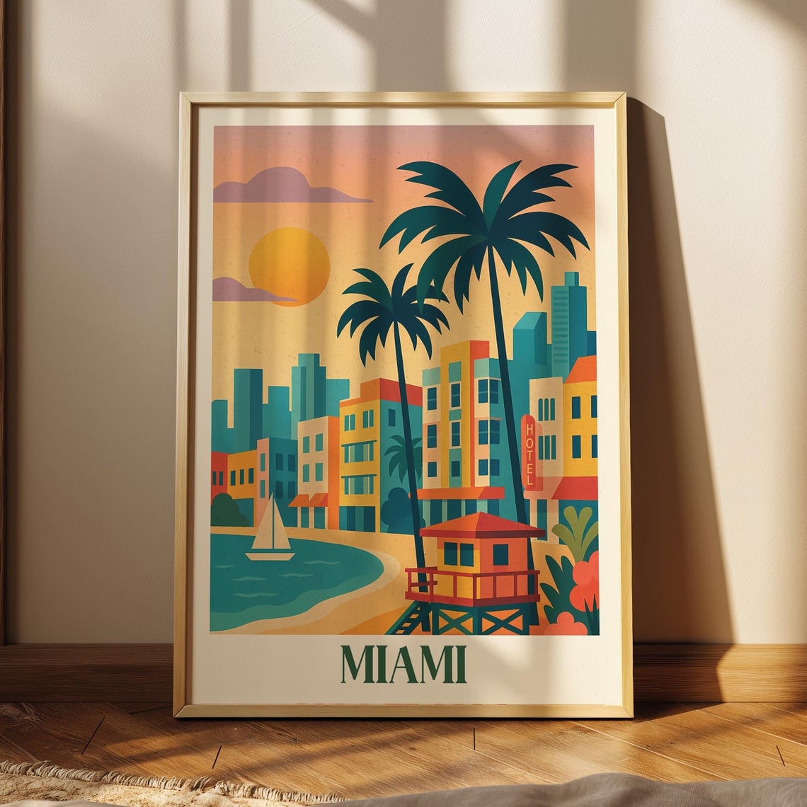 Miami Beach Retro Travel Poster With Palm Trees and Lifeguard Stand