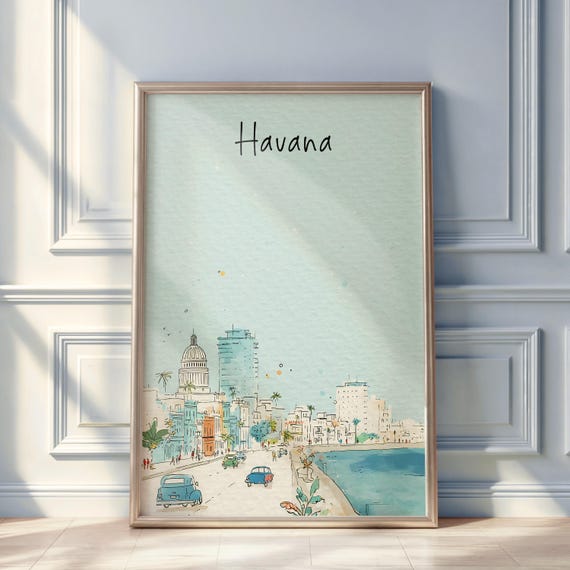 Havana Watercolor Travel Poster Digital Download Wall Art Minimal City Illustration Print
