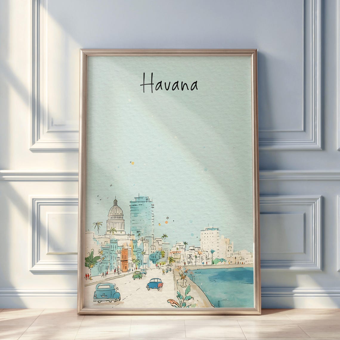 Havana Watercolor Cityscape Poster With Classic Cars and Malecon View