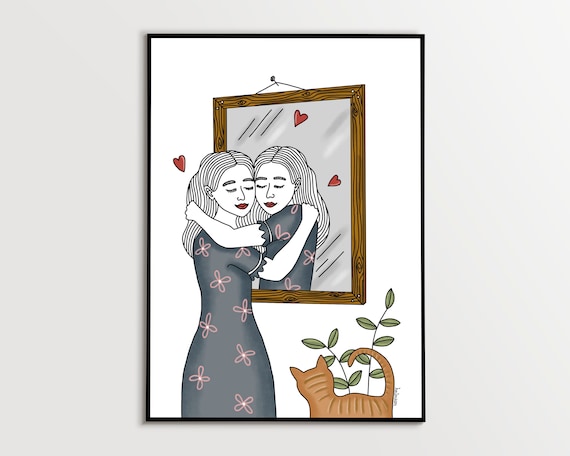 Woman Hugging Her Mirror Reflection Red Hearts and Cat Poster