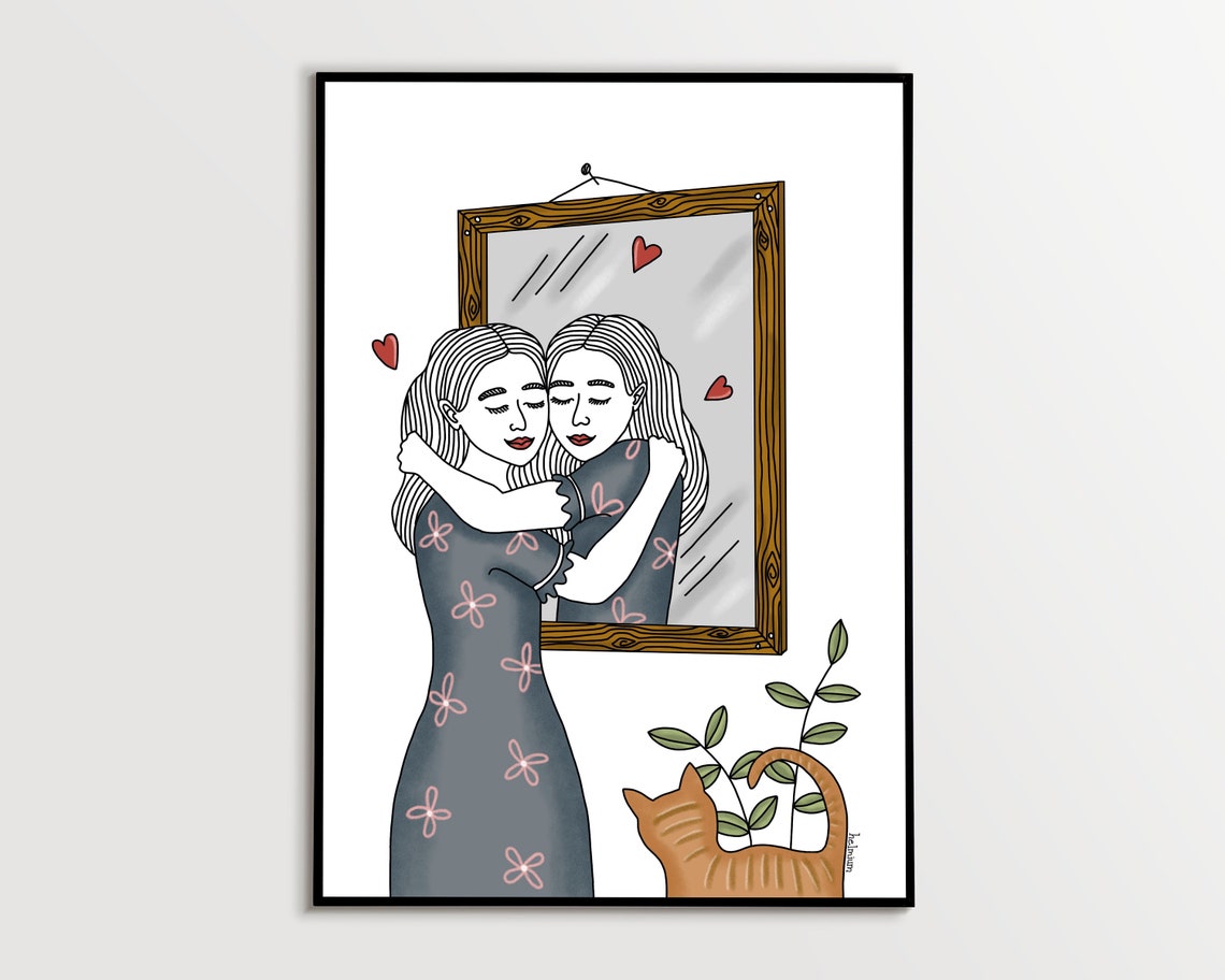 Woman Hugging Her Mirror Reflection Red Hearts and Cat Poster