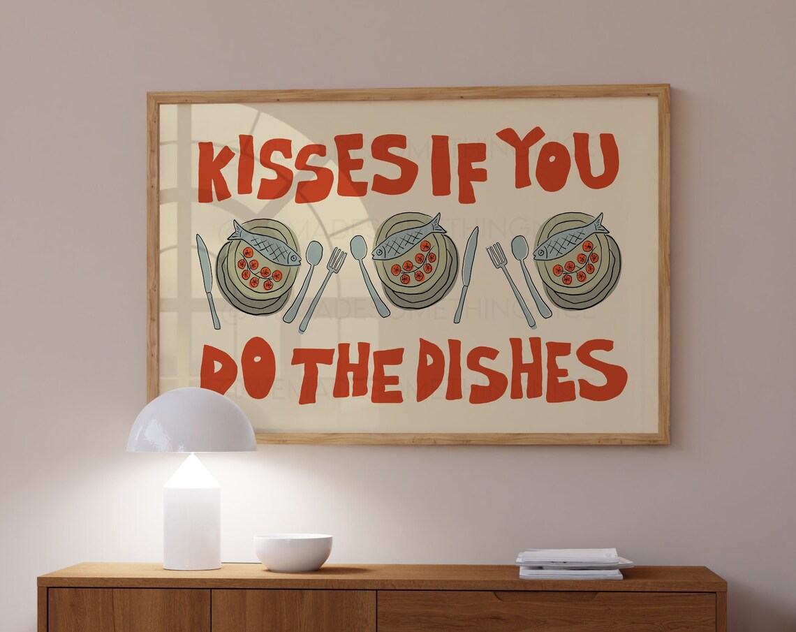 Kisses If You Do The Dishes Retro Kitchen Poster