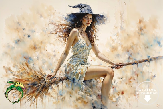 Beautiful Witch Flying on Broomstick Soft Dreamy Watercolor Poster