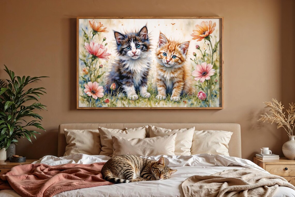 Two Playful Kittens Among Tall Cosmos Flowers Watercolor Poster - Image 2