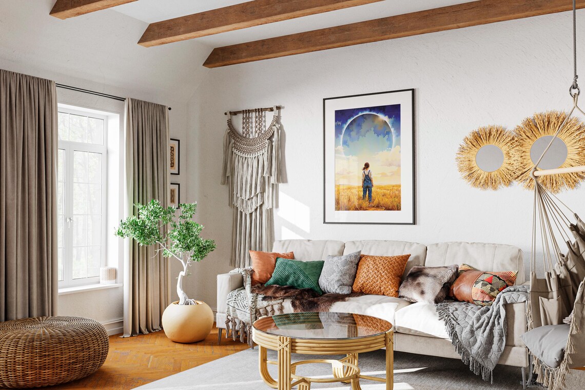 Woman in Overalls Gazing at Giant Ring Planet Watercolor Poster - Image 3