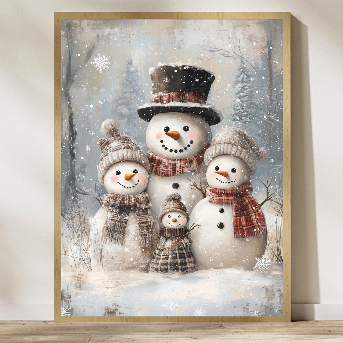 Adorable Smiling Snowman Family in a Snowy Winter Wonderland Poster