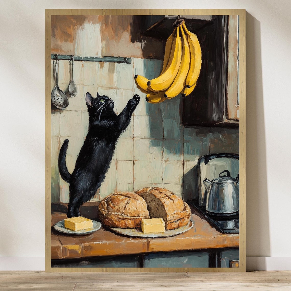 Mischievous Black Cat Reaching For Bananas Rustic Kitchen Poster