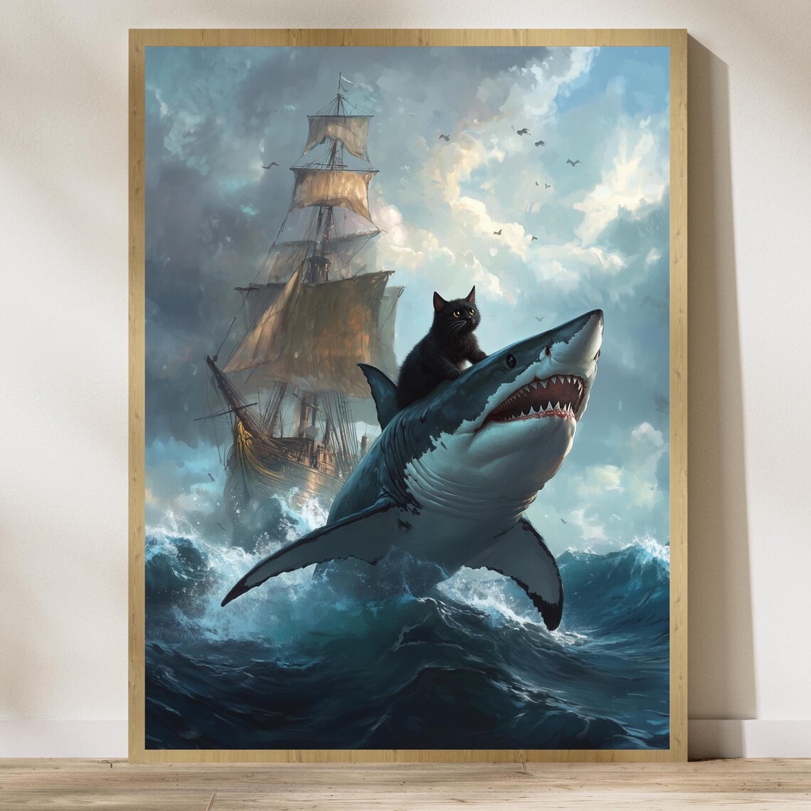 Black Cat In A Sea Ride The Shark Poster