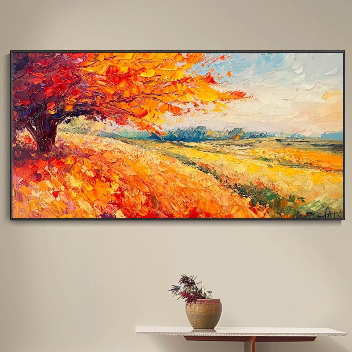Fiery Autumn Tree Golden Field Sunset Landscape Impasto Wall Art