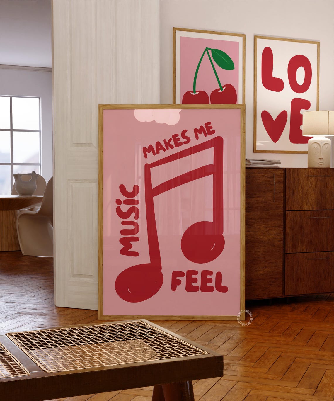 Music Makes Me Feel Big Red Note Pink Retro Typography Poster