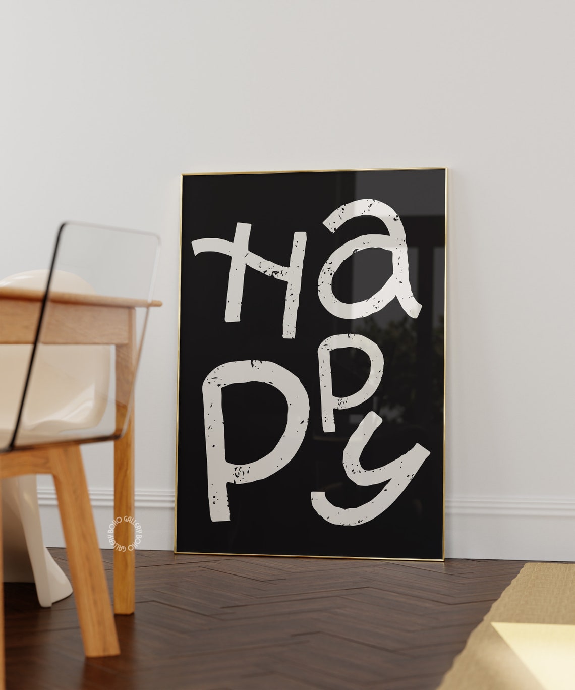 HAPPY White Hand Lettered Typography On Black Background Art Poster - Image 2