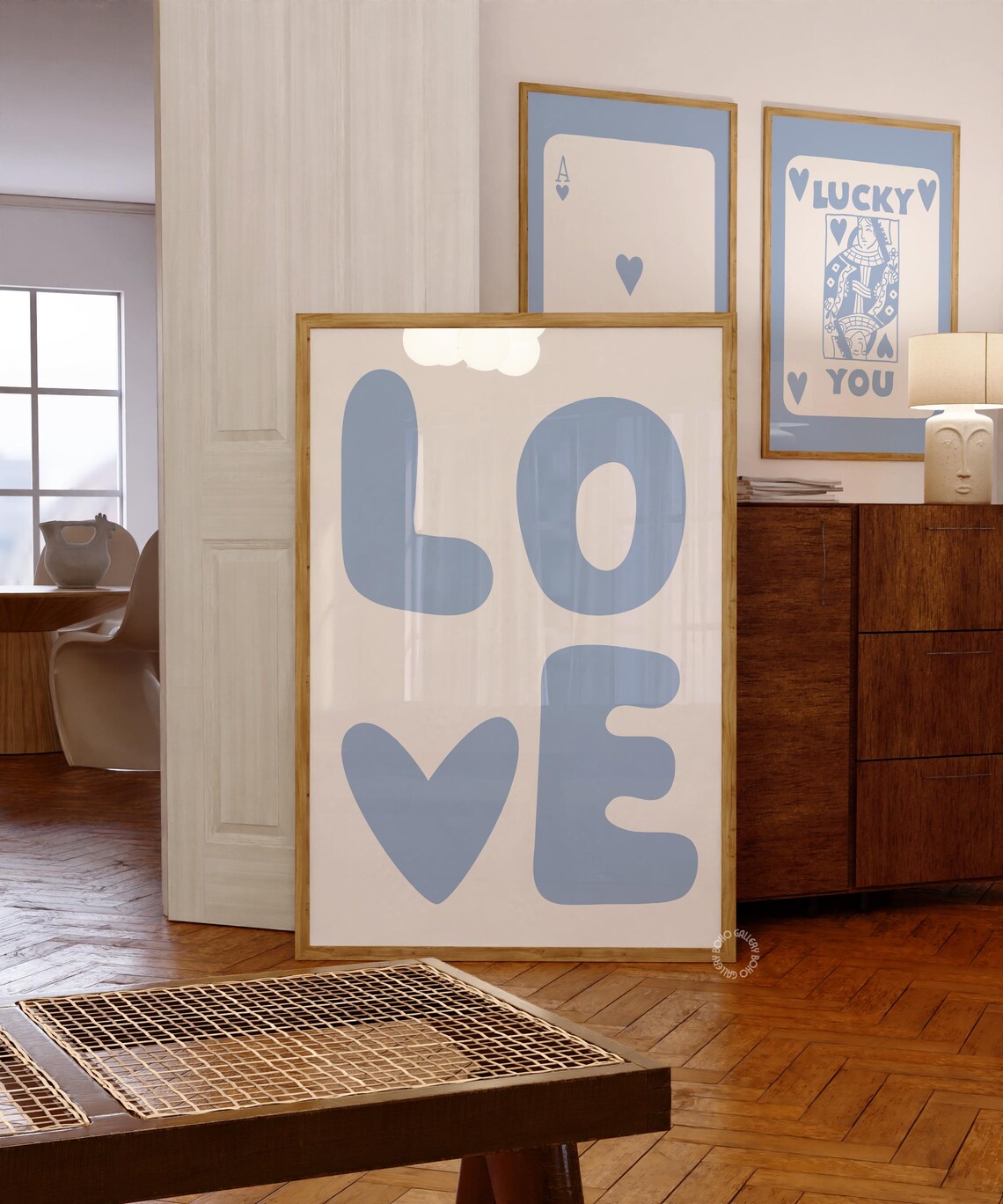 Blue LOVE Typography Heart Poster Retro Coastal Playful Style