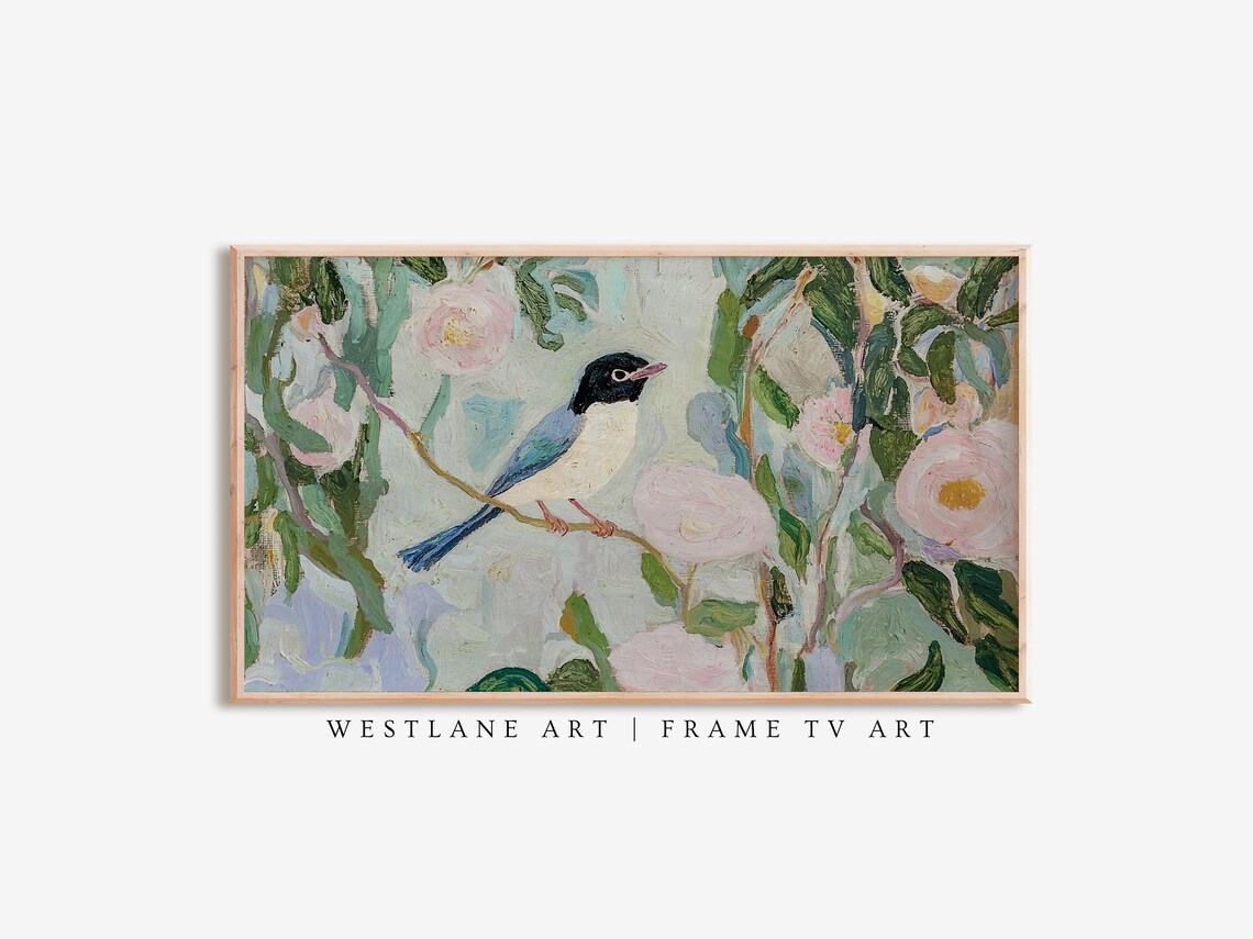 Blue Bird Perched Branch Painting Pink Roses Cottage Garden Art Print