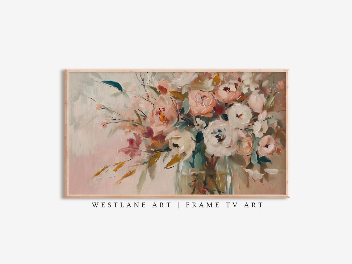 Abstract Botanical Frame Tv Art Modern Still Life Painting Coral Floral Wall Art Tvb19