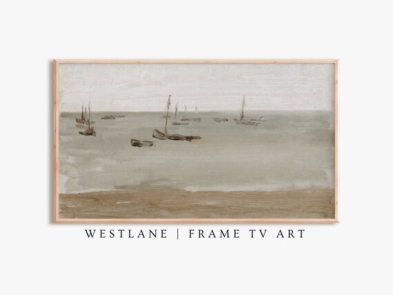 Neutral Seascape Misty Harbor Sailboats Vintage Coastal Art Print