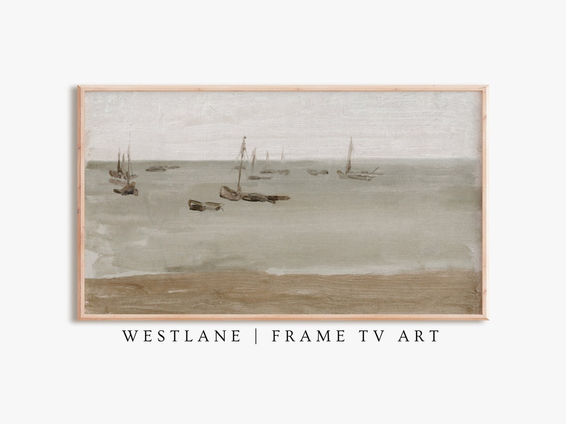 Neutral Seascape Misty Harbor Sailboats Vintage Coastal Art Print