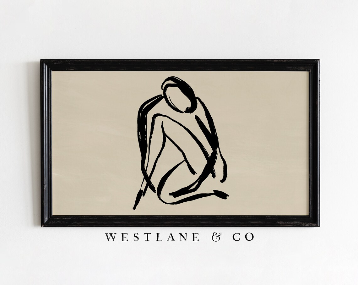 Female Figure Line Art Crouching Sketch Minimalist Neutral Wall Art - Image 2