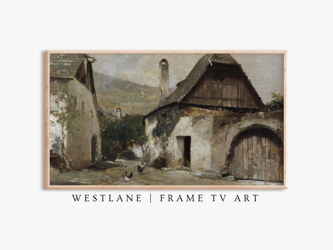 Rustic Farmhouse Frame Tv Art Dark Brown Village Painting Tv193