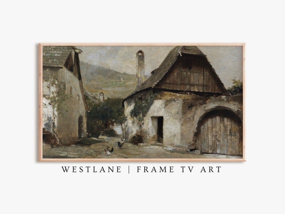 Rustic Farmhouse Frame Tv Art Dark Brown Village Painting Tv193