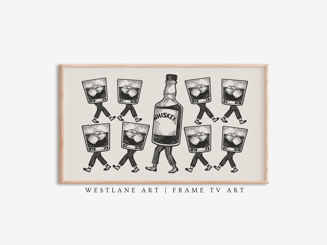 Fun Whiskey Glasses Conga Line Bar Cart Illustration Party Decor Wall Art Poster