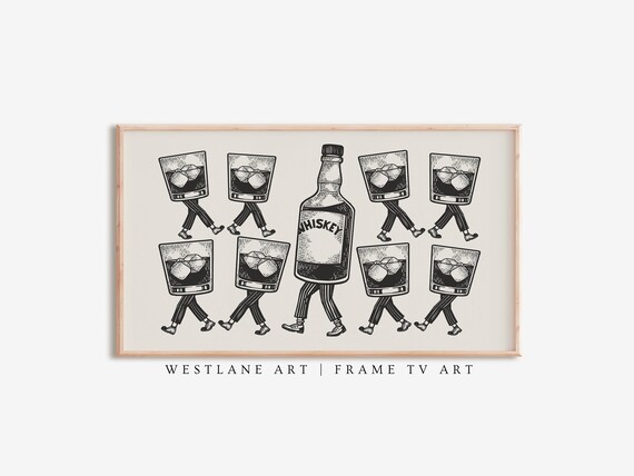 Fun Whiskey Glasses Conga Line Bar Cart Illustration Party Decor Wall Art Poster
