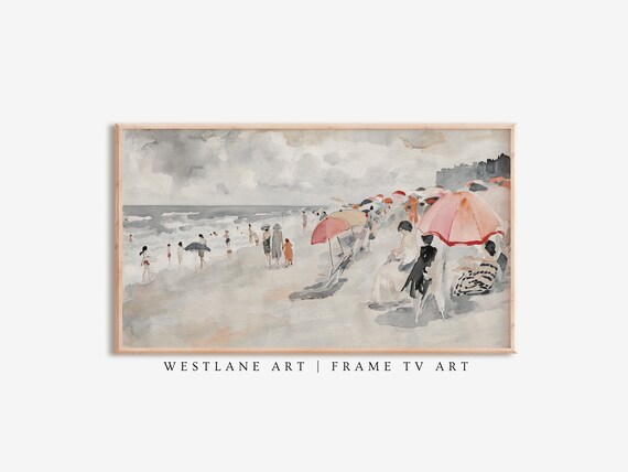 Vintage Muted Beach Bathers Retro Watercolor Seaside Scene Poster