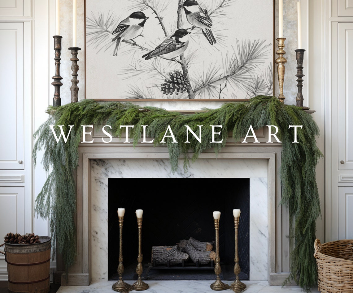 Three Chickadees Perched On Pine Branch Sketch Winter Bird Art Poster - Image 2