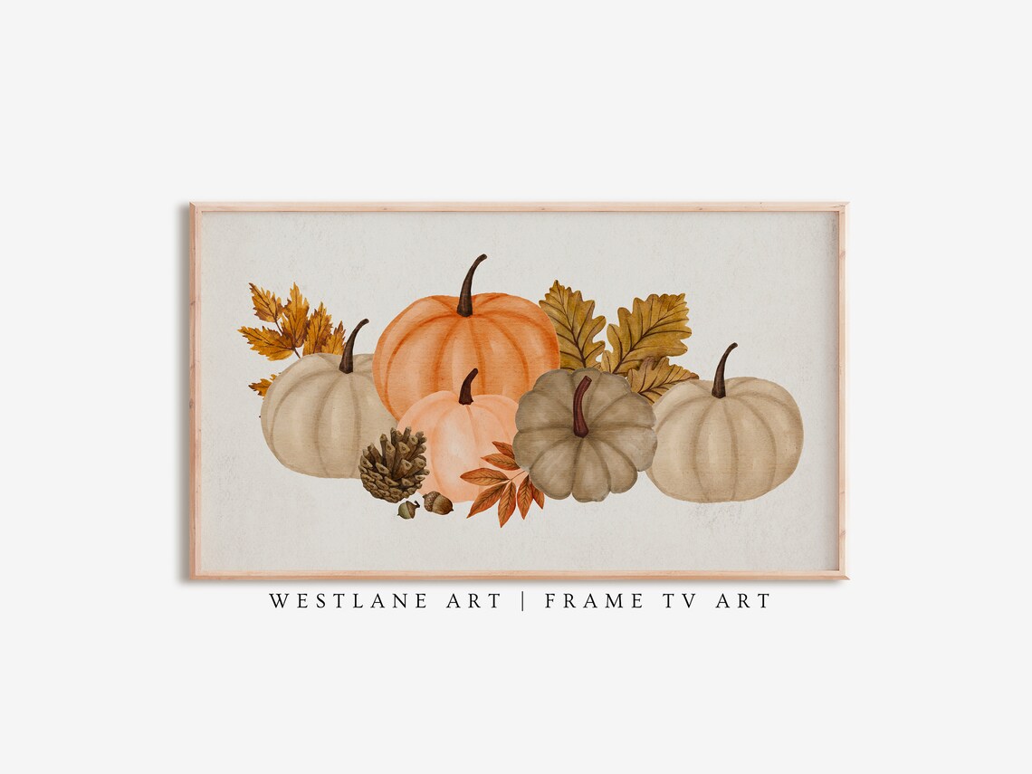 Autumn Pumpkins Oak Leaves Watercolor Thanksgiving Fall Wall Art