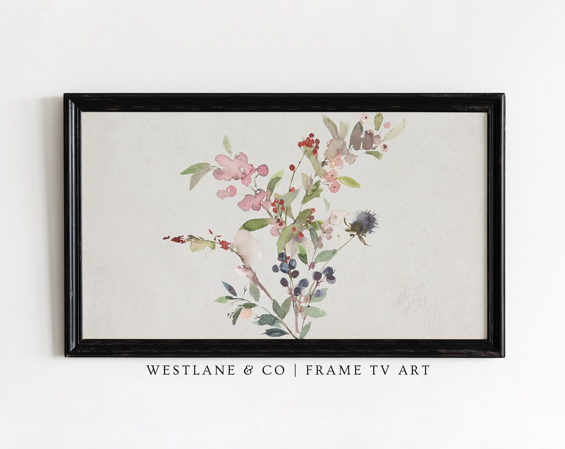 Pink Blossom Berry Thistle Watercolor Neutral Botanical Wall Art - Image 2