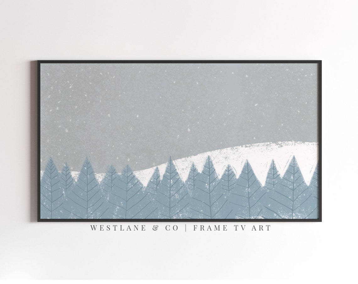Blue Pine Forest Snowy Hill Minimal Nordic Christmas Winter Wall Art