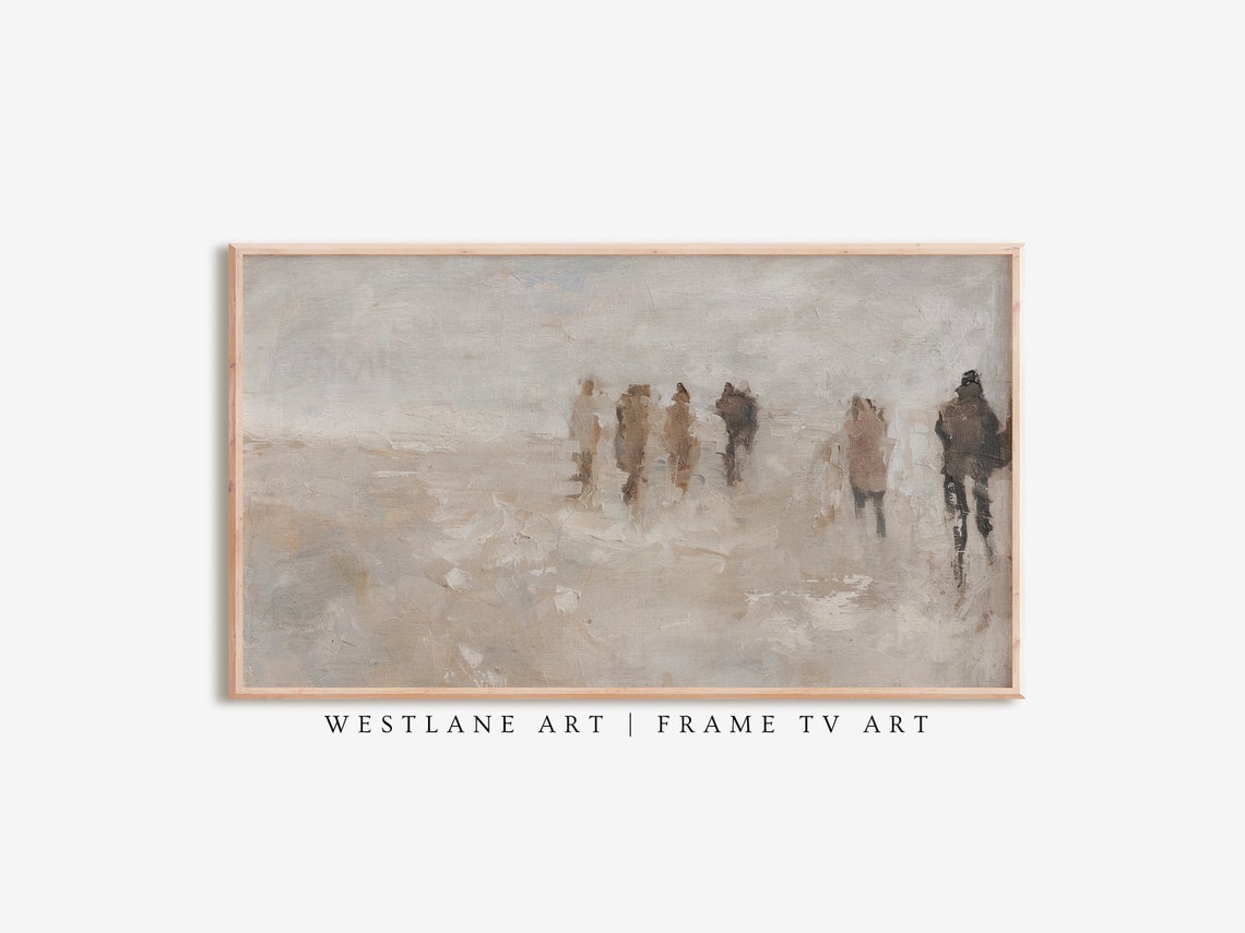 Muted Beige Beach People Abstract Coastal Figures Scene Poster