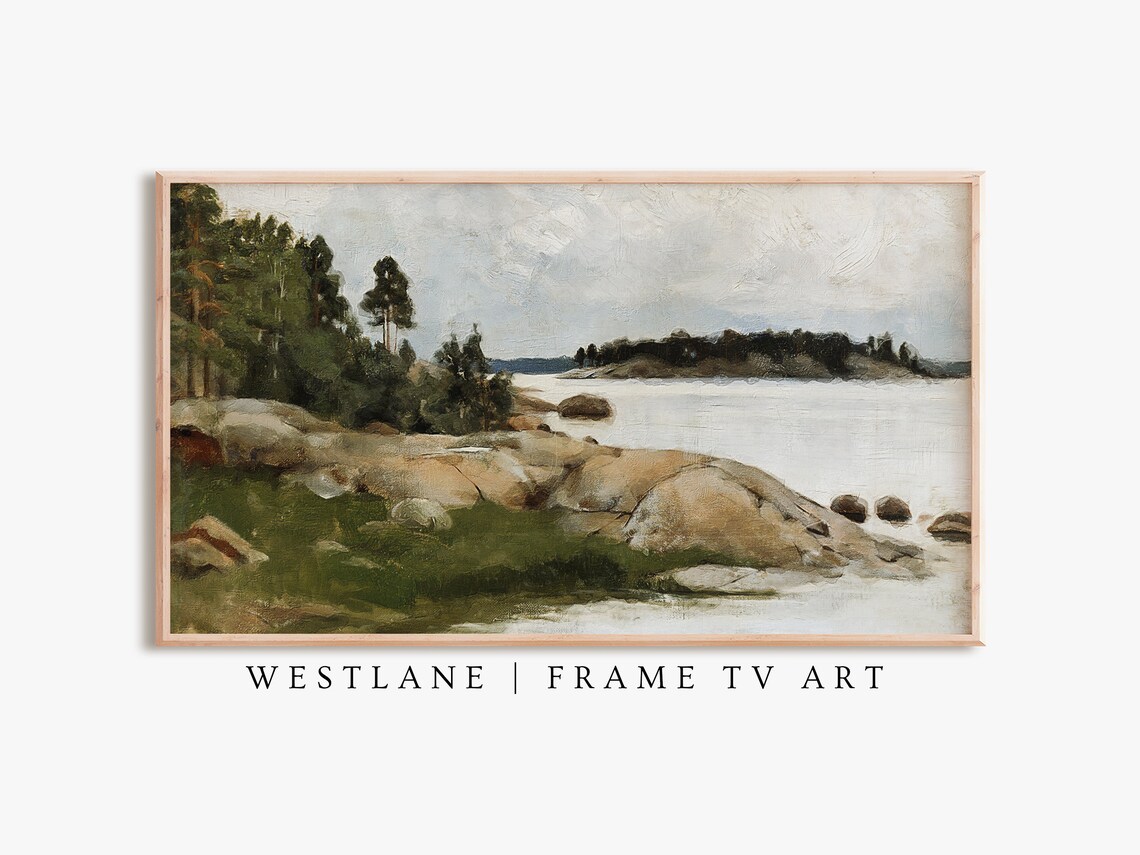 Rocky Lakeshore Pine Forest Vintage Landscape Painting Nature Wall Art Poster