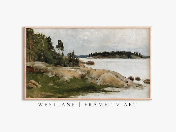 Rocky Lakeshore Pine Forest Vintage Landscape Painting Nature Wall Art Poster