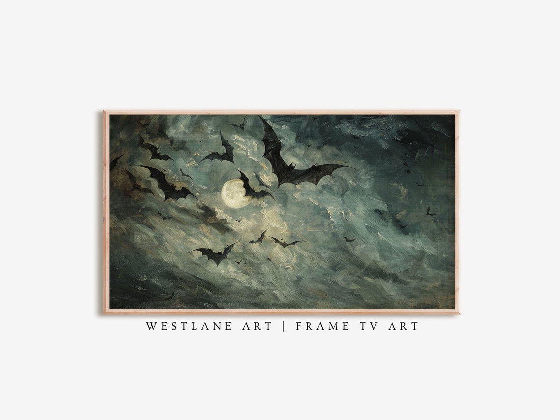 Bats Swirling Around Full Moon Stormy Night Sky Halloween Wall Art