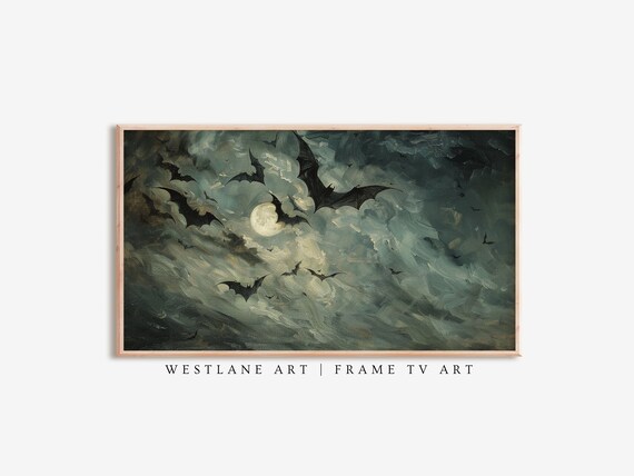 Bats Swirling Around Full Moon Stormy Night Sky Halloween Wall Art