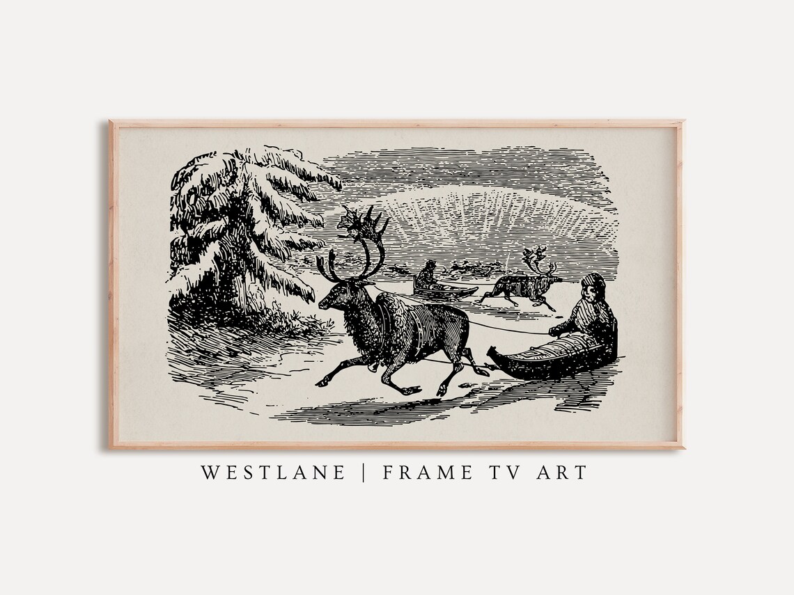 Vintage Reindeer Sleds In Snowy Winter Landscape Engraving Art Poster