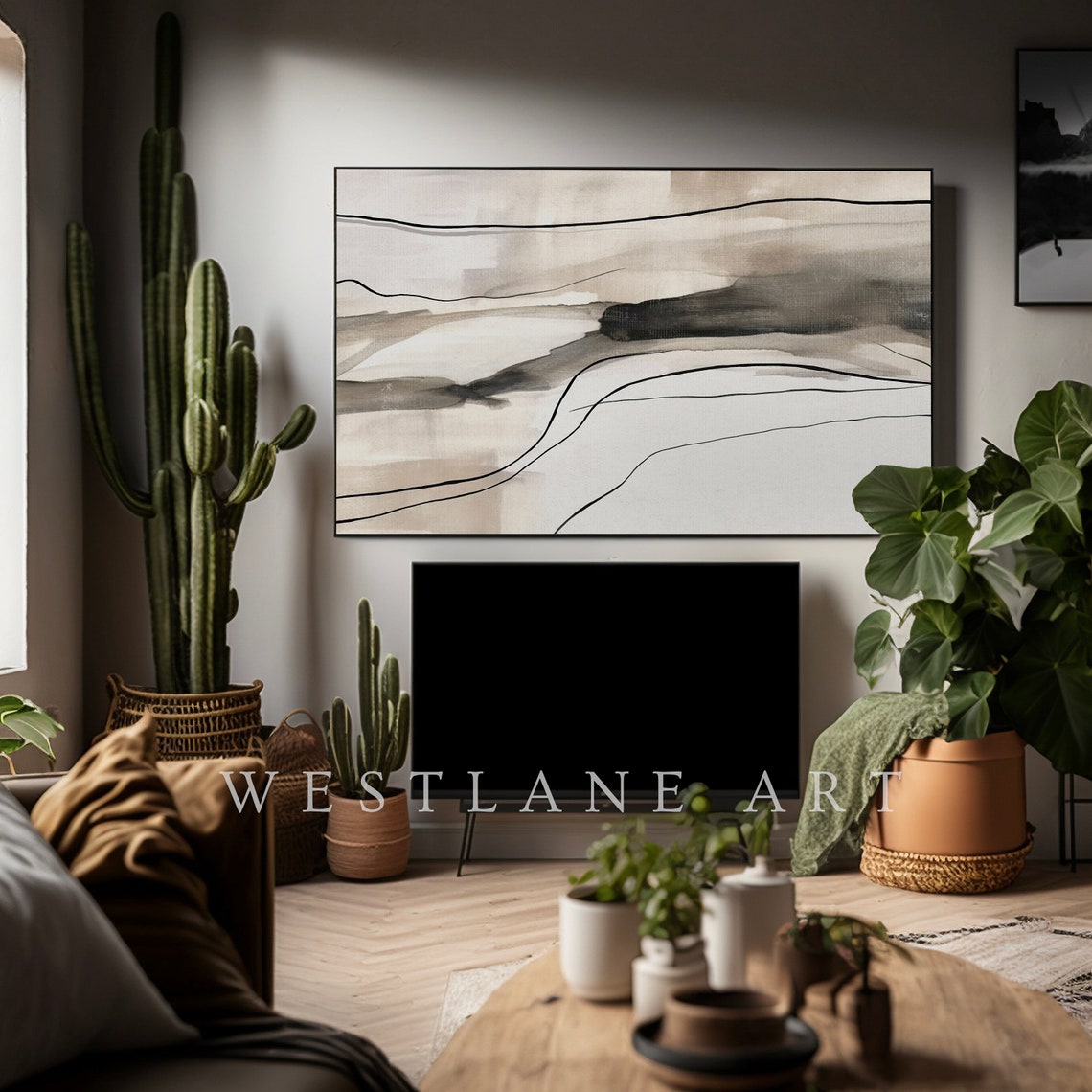 Abstract Neutral Beige Painting Black Flowing Lines Modern Wall Art - Image 2
