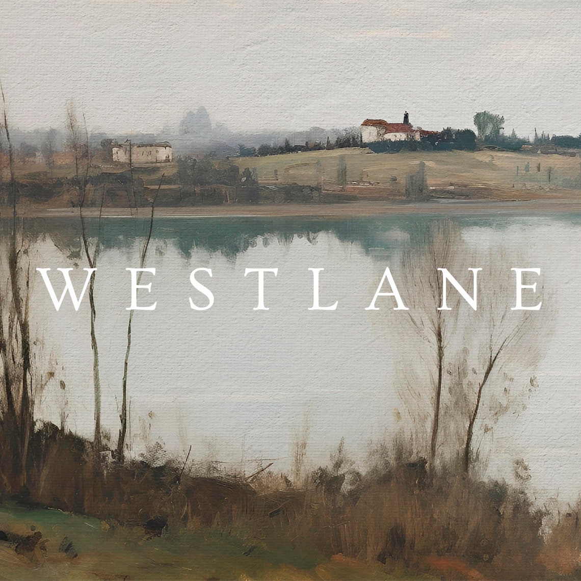Rustic Lake House Painting Bare Trees Distant Homes Art Poster - Image 2