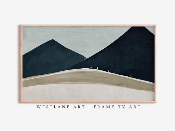 Frame Tv Art Mid Century Modern Abstract Mountains Boho Dark Blue Landscape Decor Tv349