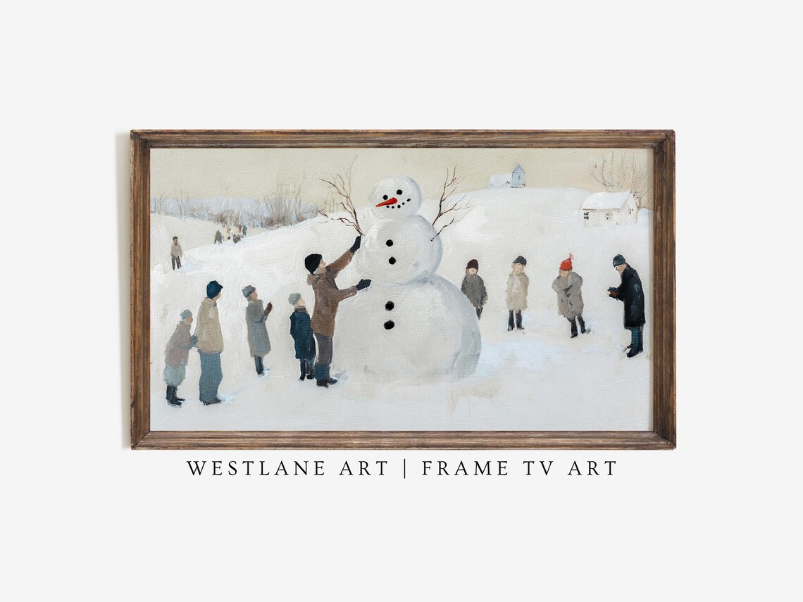 Vintage Children Building Giant Snowman In Snowy Field Painting Poster