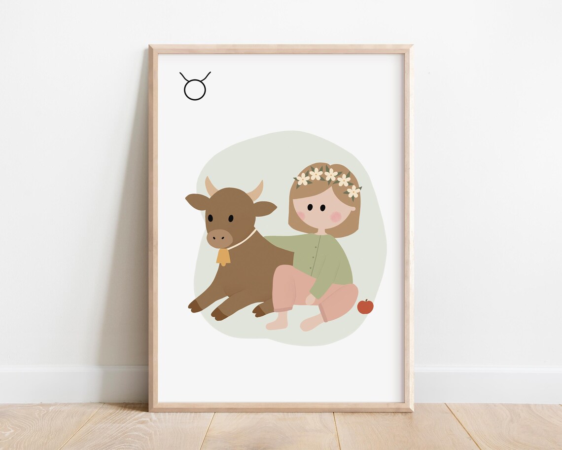 Taurus Zodiac Girl With Bull Flower Crown Cute Nursery Star Sign Print