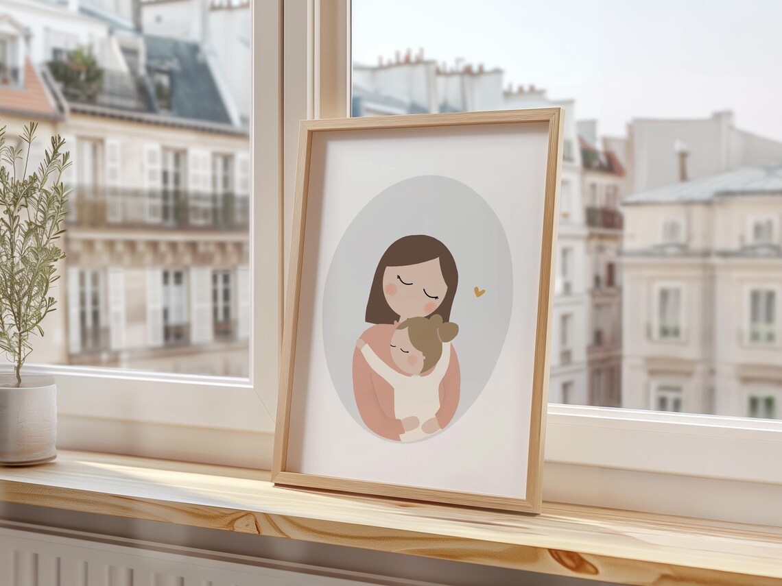 Mother and Daughter Hugging Tender Family Love Blush Nursery Poster - Image 3