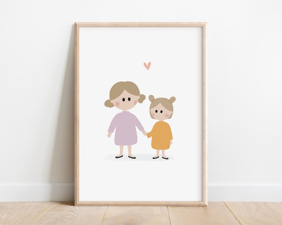 Little Sisters Holding Hands With Heart Sweet Sibling Wall Art Print